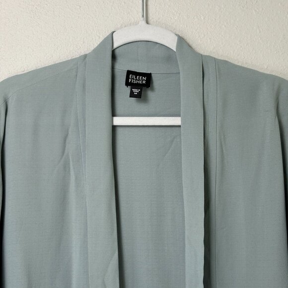 Eileen Fisher Silk Cardigan Size M Green Open Front Long Sleeve Office Luxury - Picture 2 of 8